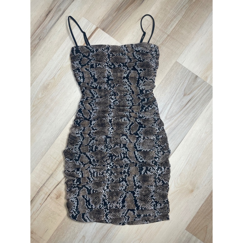 Babaton Snakeskin Ruched Bodycon Mini Dress Brown Black Animal Print Size 0